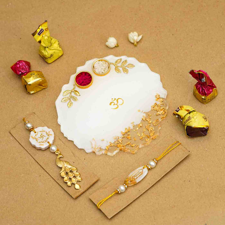 Personalized Handmade White Resin Rakhi Thali  With Roli Chawal For Bhaiya and Bhabhi | Set of 3