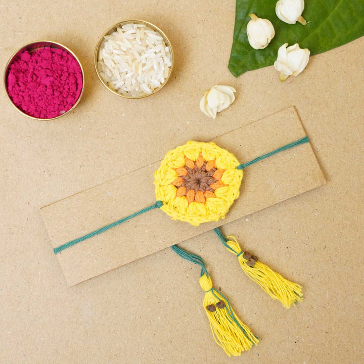 Eco-Friendly Handmade Plantable Sunflower Theme Rakhi With Roli Chawal