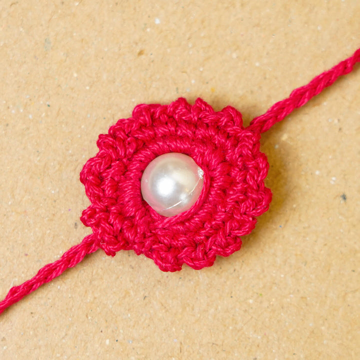 Handmade Crochet Round Pearl Cotton Rakhi With Roli Chawal