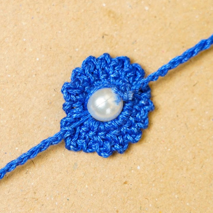 Handmade Crochet Round Pearl Cotton Rakhi With Roli Chawal