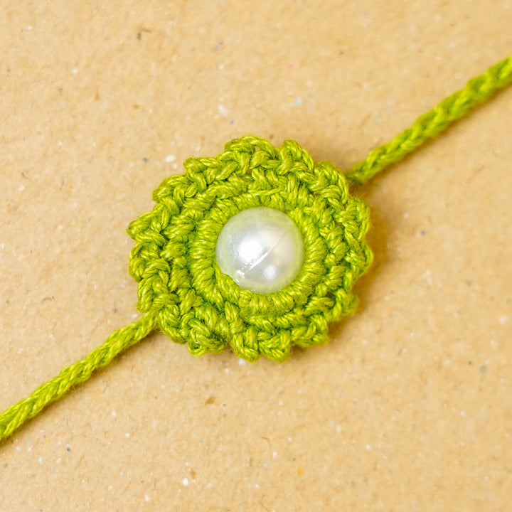 Handmade Crochet Round Pearl Cotton Rakhi With Roli Chawal