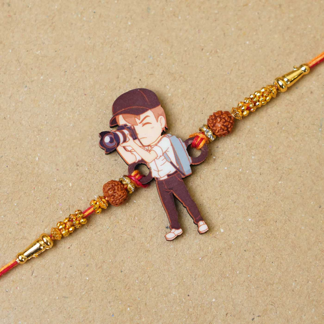 Handmade Printed Photographer Bhai Wooden Rudraksha Rakhi With Roli Chawal