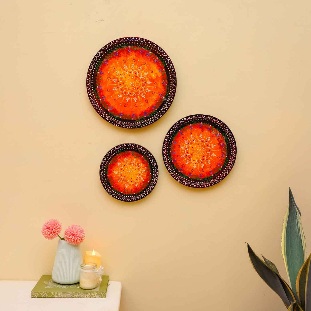 Hand-Painted Red Ornate Wooden Wall Plate | Set Of 3