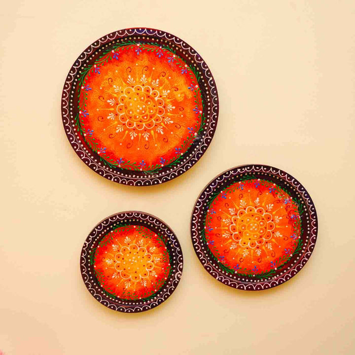 Hand-Painted Red Ornate Wooden Wall Plate | Set Of 3