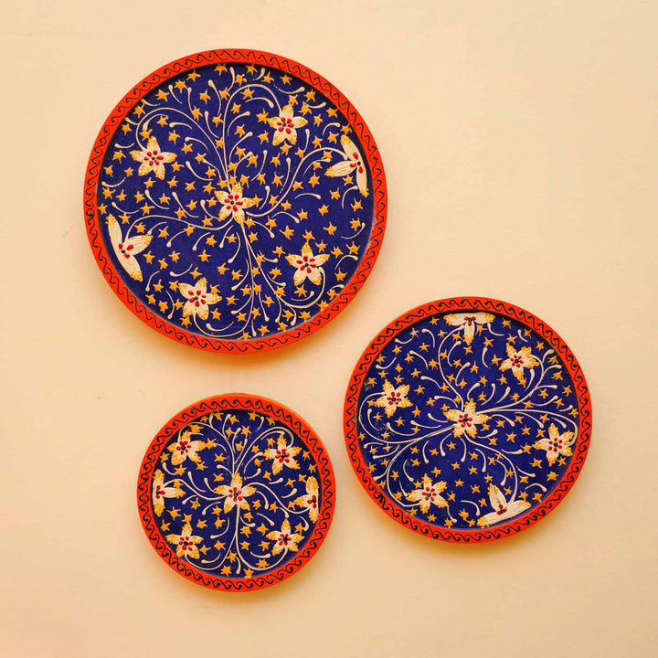 Hand-Painted Dark Blue Ornate Wooden Wall Plate | Set Of 3