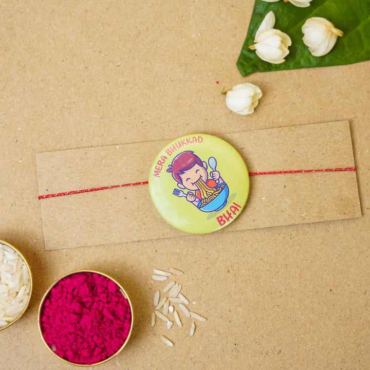 Reusable Printed Bhukkad Bhai Magnetic Metal Rakhi With Roli Chawal