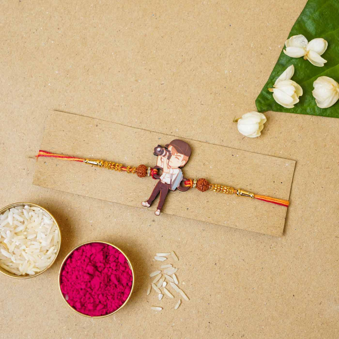 Handmade Printed Photographer Bhai Wooden Rudraksha Rakhi With Roli Chawal