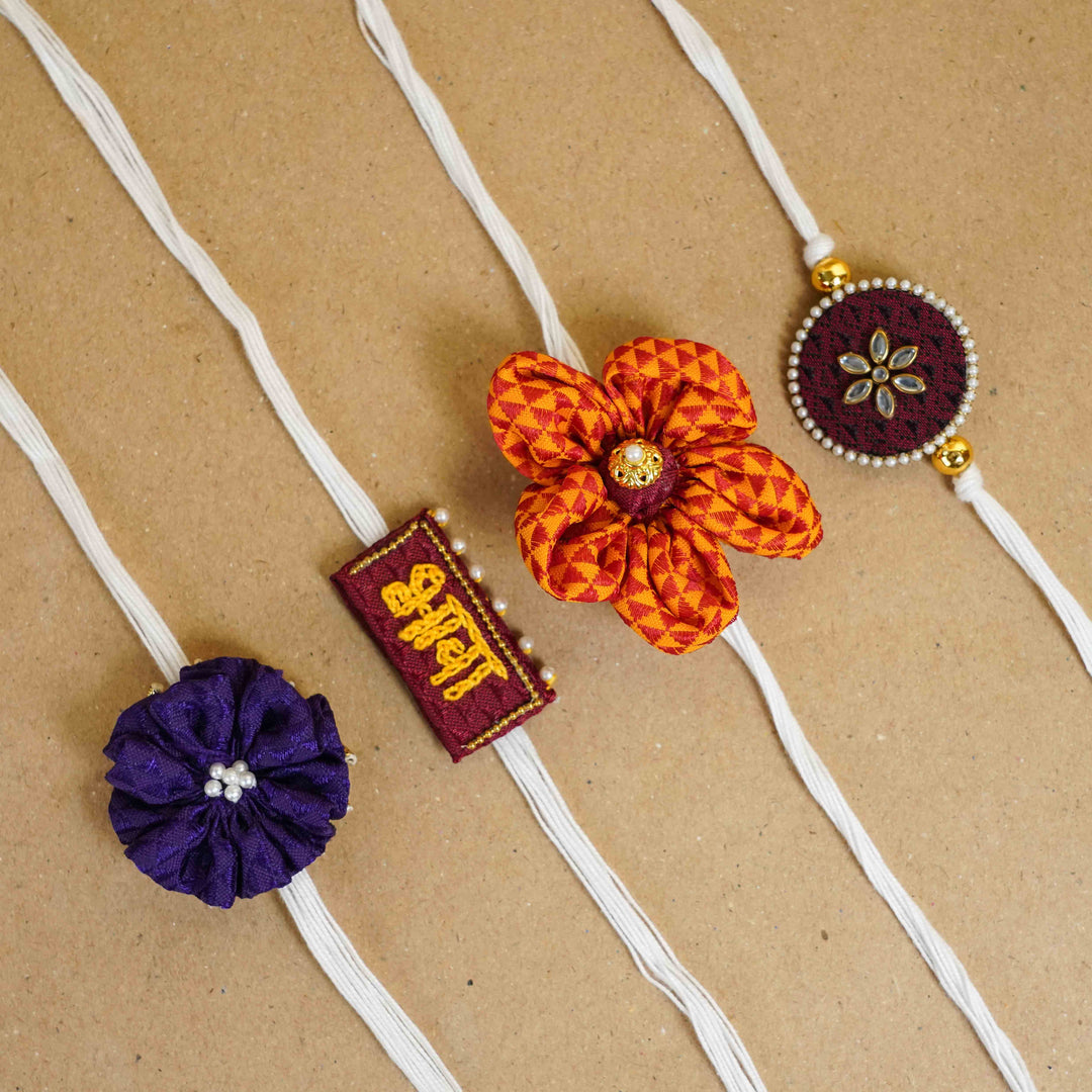 Handmade Purple Floral Fabric Rakhi With Roli Chawal