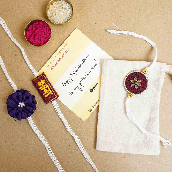 Handmade Purple Hexagon Fabric & MDF Rakhi With Roli Chawal