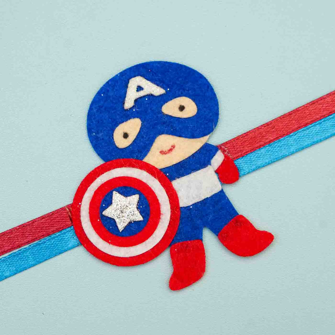 Personalized Handmade Superhero Theme Felt Kids Rakhi & Name Plate Combo For Brother | Set of 2