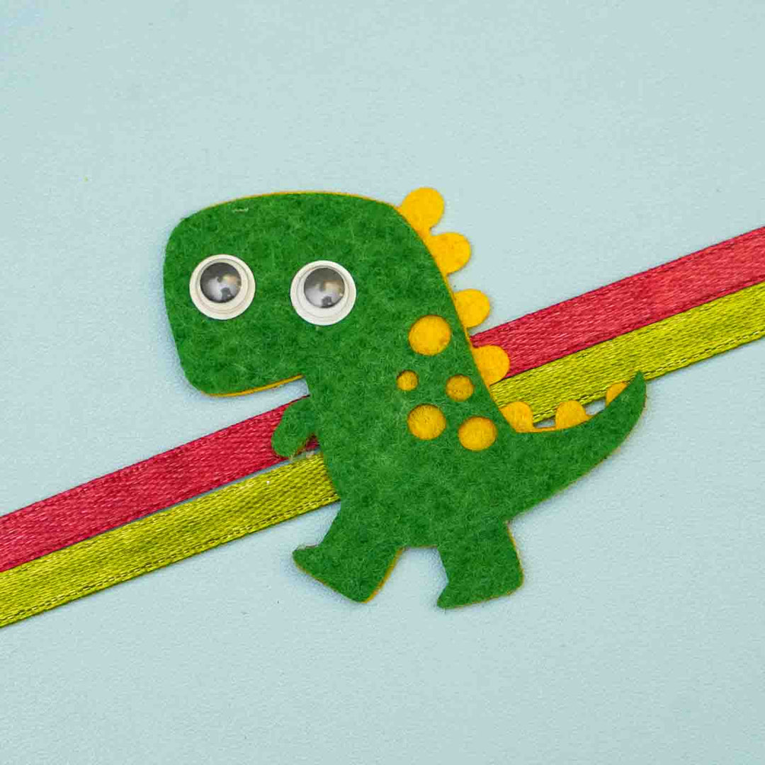 Personalized Handmade Dinosaur Theme Felt Kids Rakhi & Name Plate Combo For Brother | Set of 2