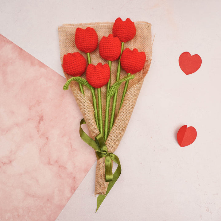 Handmade Crochet Red Tulip Flower Bouquet | Set Of 6