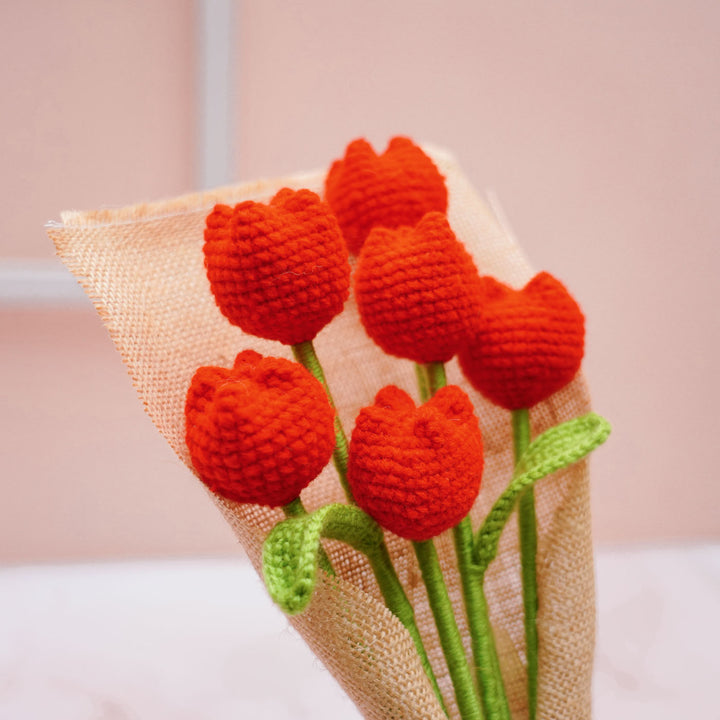 Handmade Crochet Red Tulip Flower Bouquet | Set Of 6