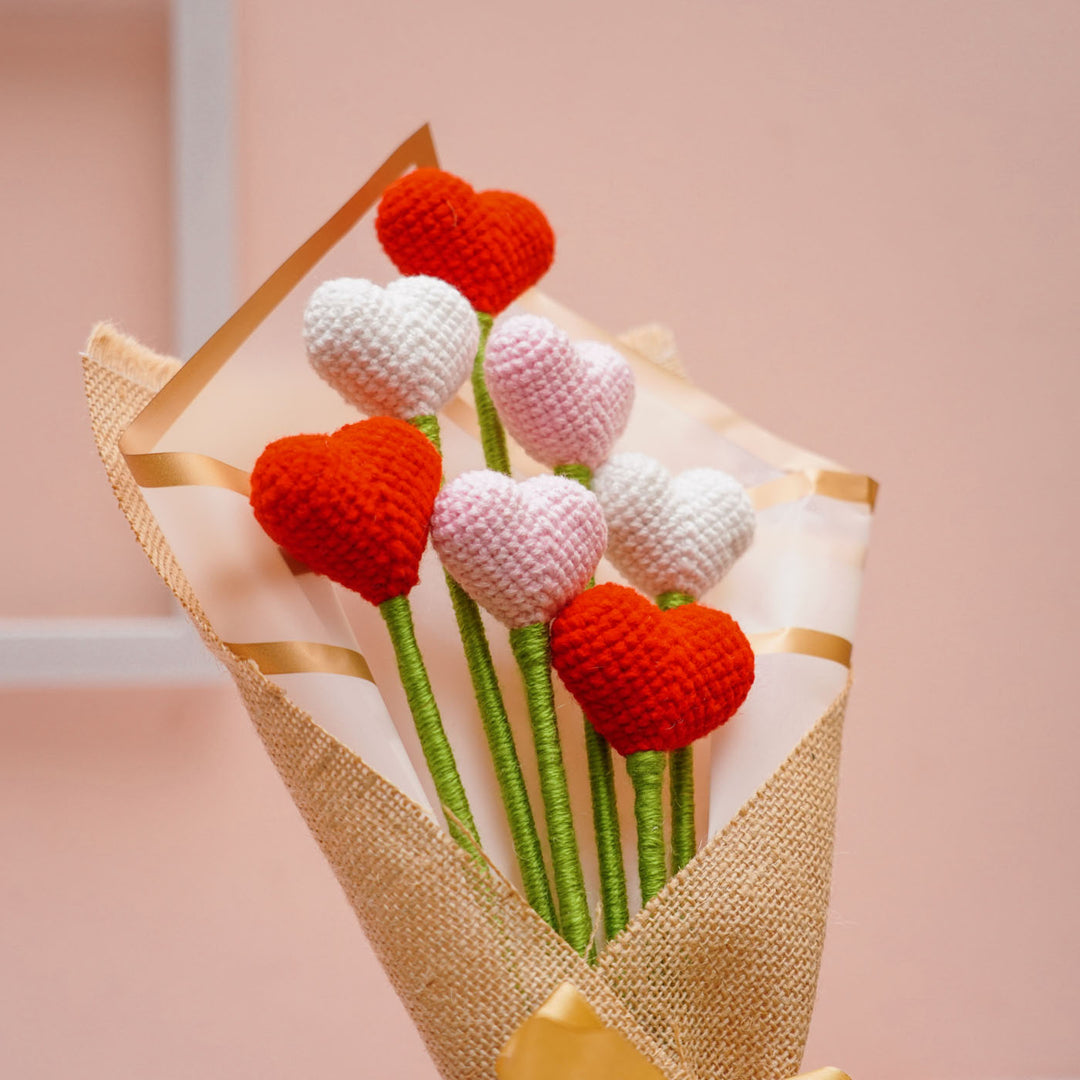 Handmade Crochet Heart Shaped Flower Bouquet | Set Of 7