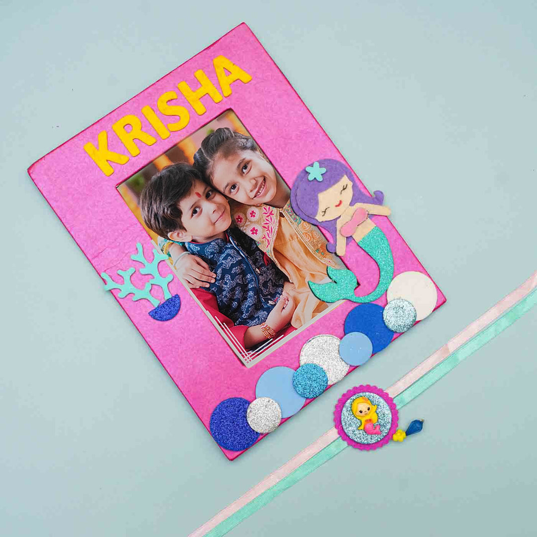 Personalized Handmade Mermaid Theme Felt Kids Rakhi & Photo Frame Combo For Sisters | Set of 2