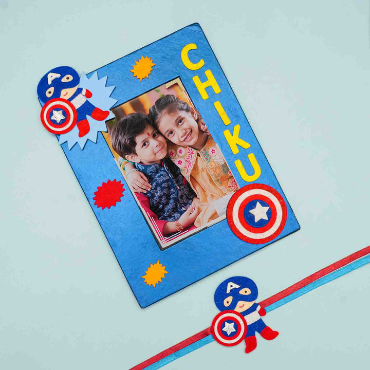 Personalized Handmade Captain America Theme Felt Kids Rakhi & Photo Frame Combo For Brother | Set of 2