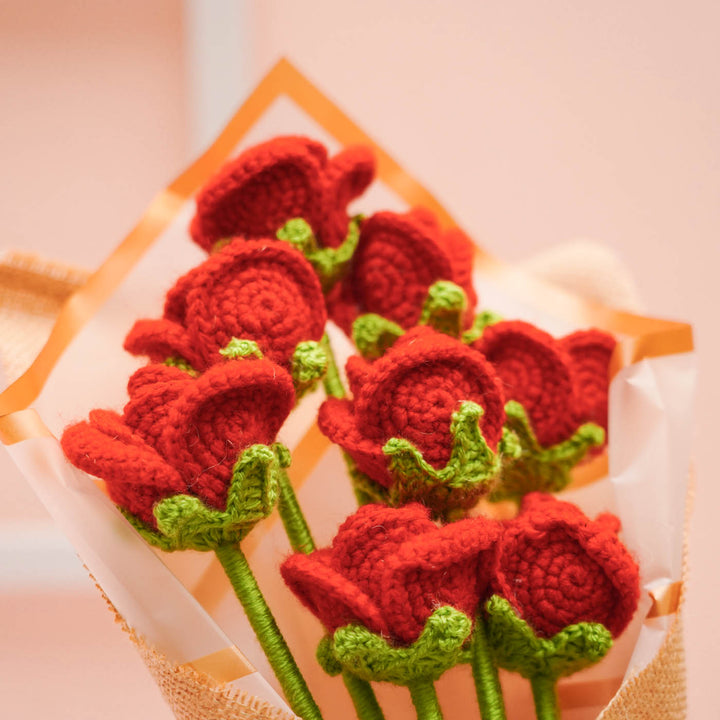 Handmade Crochet Valentine Red Rose Flower Bouquet | Set Of 8