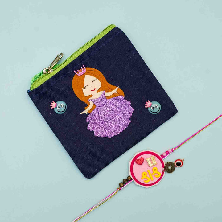 Personalized Handmade Princess Theme Felt Kids Rakhi & Sling Bag Combo For Sisters | Set of 2