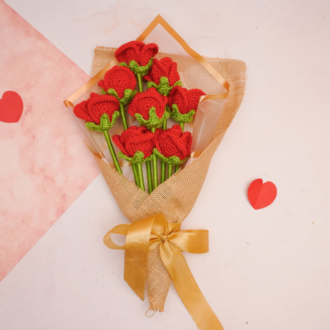 Handmade Crochet Valentine Red Rose Flower Bouquet | Set Of 8