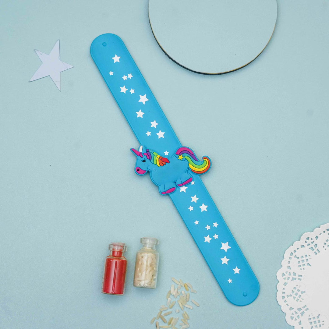 Handmade Unicorn Slap Band Kids Rakhi With Roli Chawal