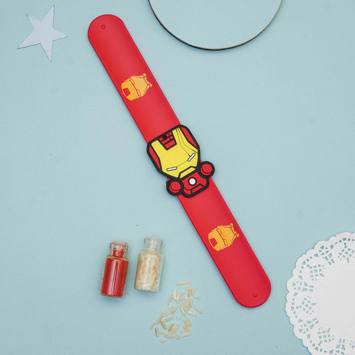 Handmade Iron Man Slap Band Kids Rakhi With Roli Chawal