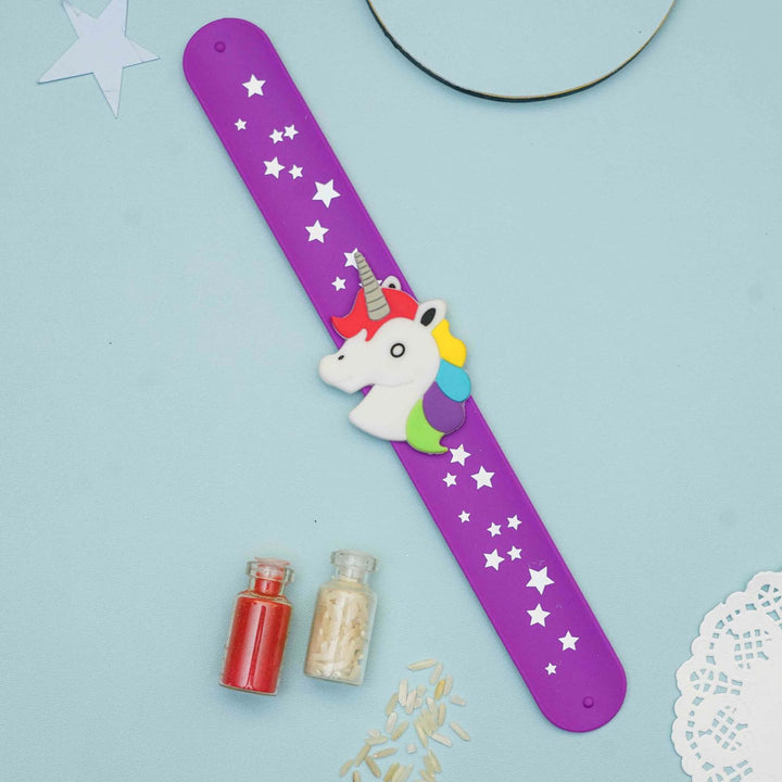 Handmade Unicorn Head Slap Band Kids Rakhi With Roli Chawal