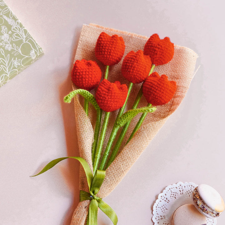 Handmade Crochet Red Tulip Flower Bouquet | Set Of 6