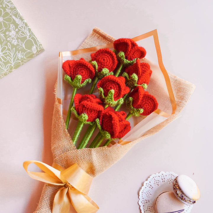 Handmade Crochet Valentine Red Rose Flower Bouquet | Set Of 8