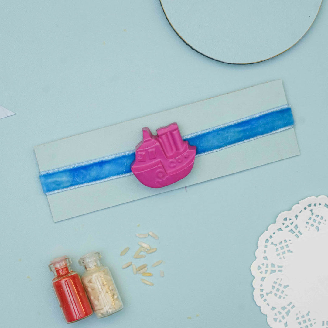 Handmade Ship Crayon Kids Rakhi With Roli Chawal