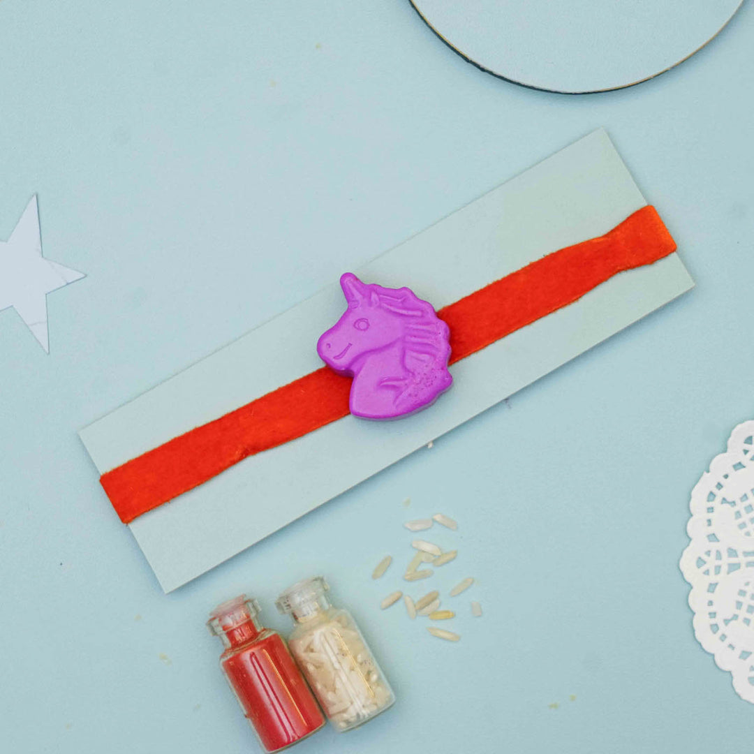 Handmade Unicorn Crayon Kids Rakhi With Roli Chawal