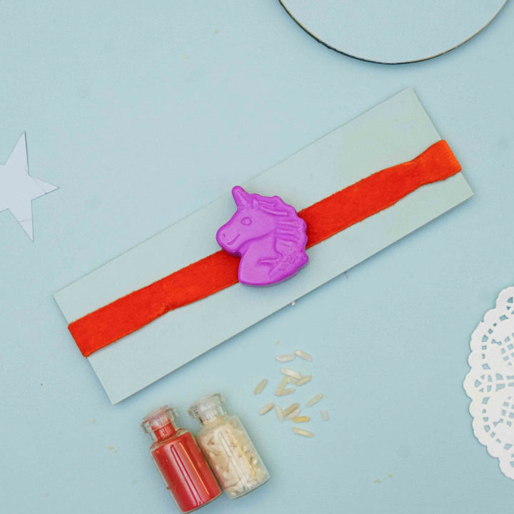 Handmade Unicorn Crayon Kids Rakhi With Roli Chawal