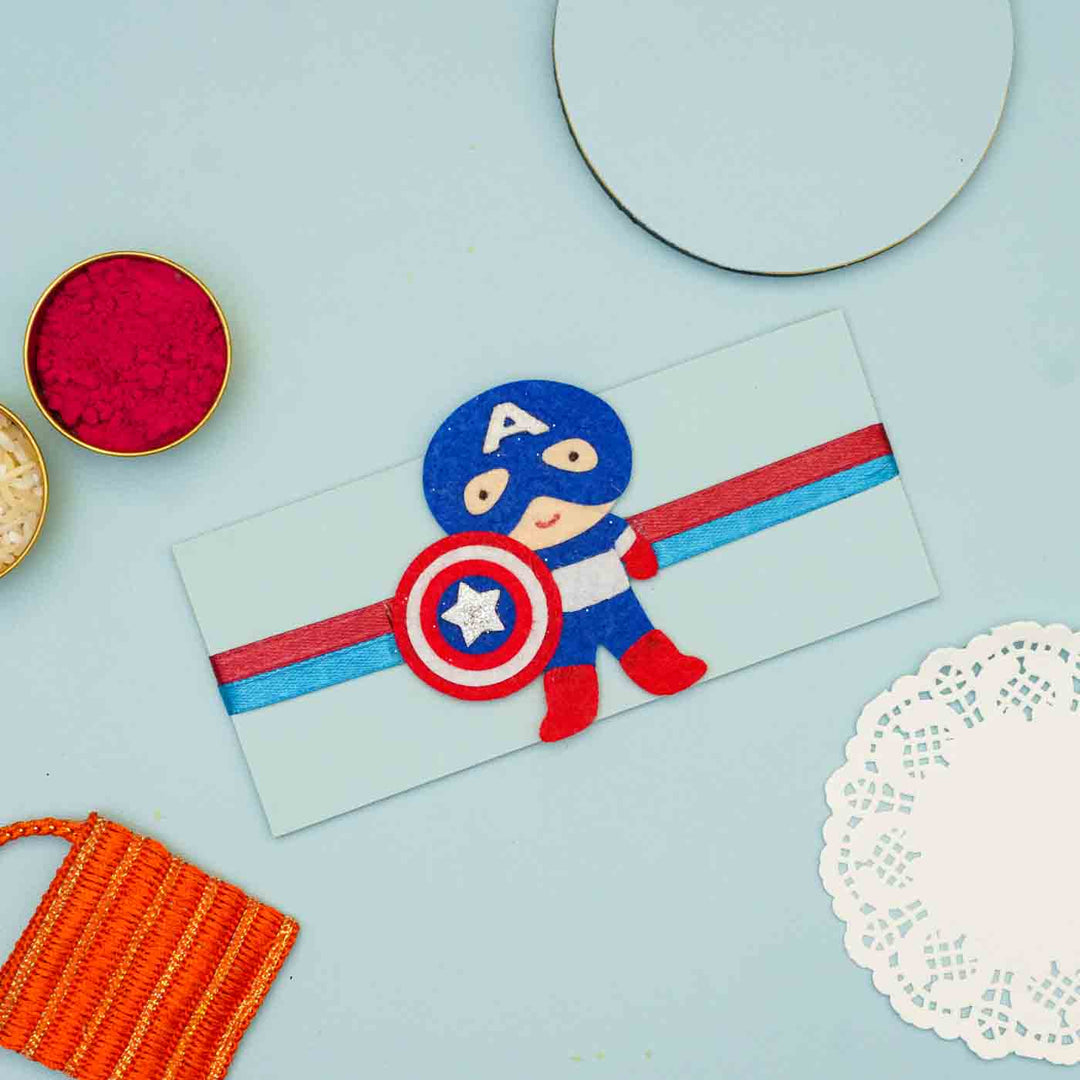 Handmade Captain America Theme Felt Kids Rakhi With Roli Chawal