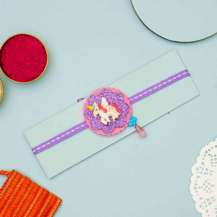 Personalized Handmade Unicorn Theme Felt Kids Rakhi & Photo Frame Combo For Sisters | Set of 2