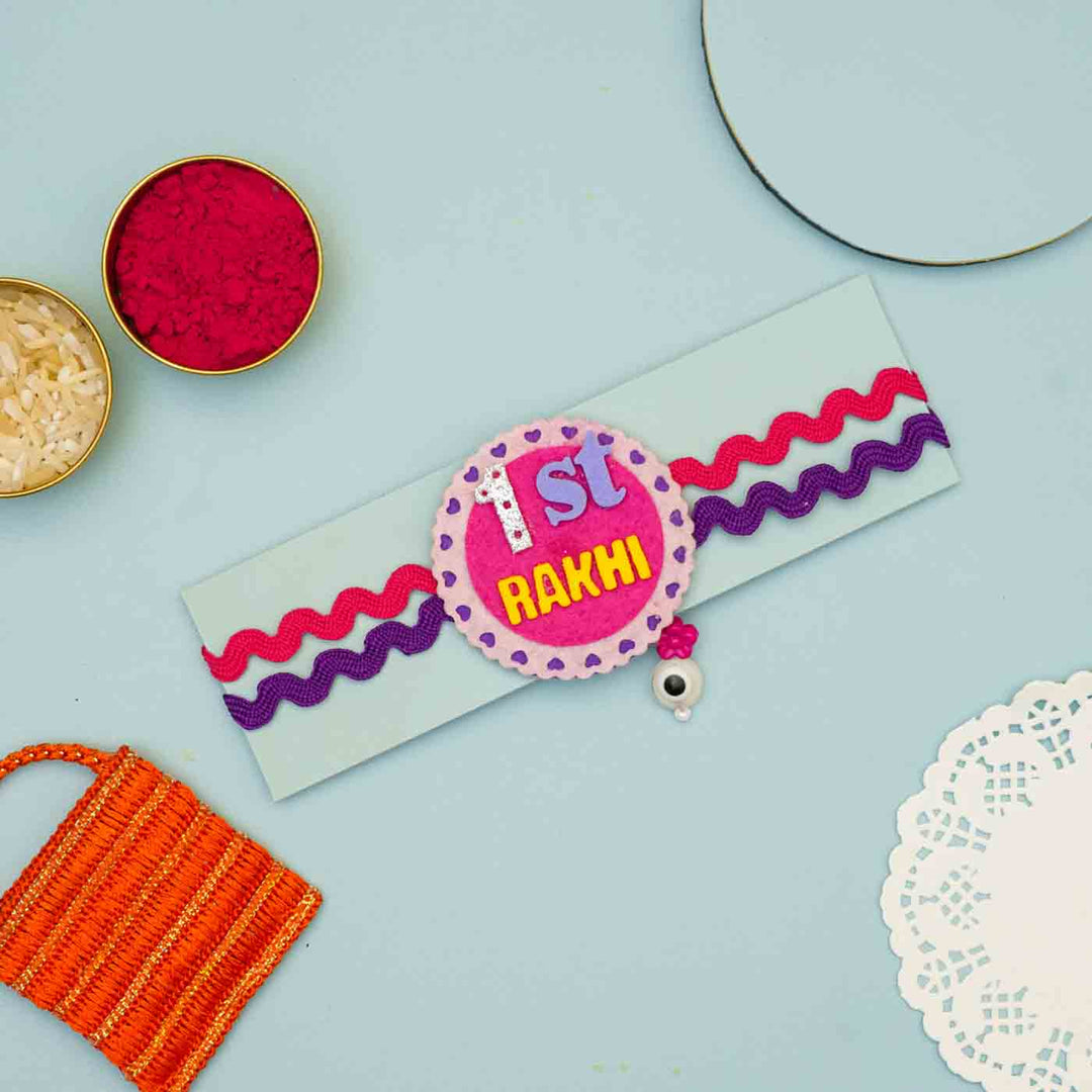 Handmade 1st Rakhi Felt Kids Pink Rakhi With Roli Chawal