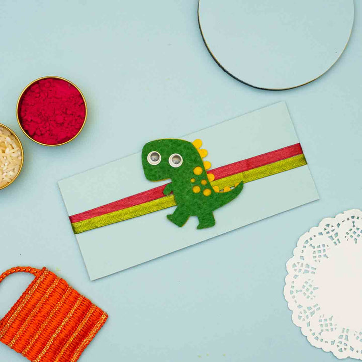 Personalized Handmade Dinosaur Theme Felt Kids Rakhi & Name Plate Combo For Brother | Set of 2