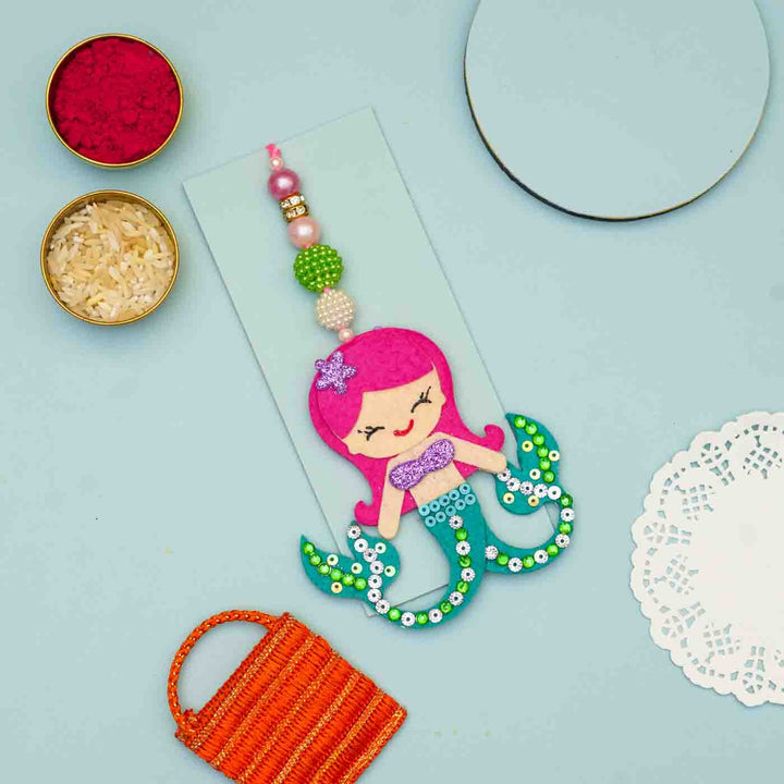 Handmade Mermaid Theme Felt Kids Lumba Rakhi With Roli Chawal For Sisters