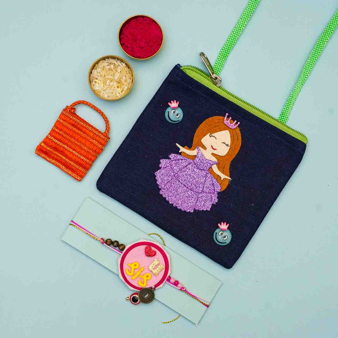 Personalized Handmade Princess Theme Felt Kids Rakhi & Sling Bag Combo For Sisters | Set of 2