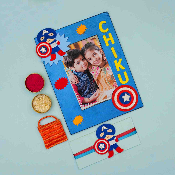 Personalized Handmade Captain America Theme Felt Kids Rakhi & Photo Frame Combo For Brother | Set of 2