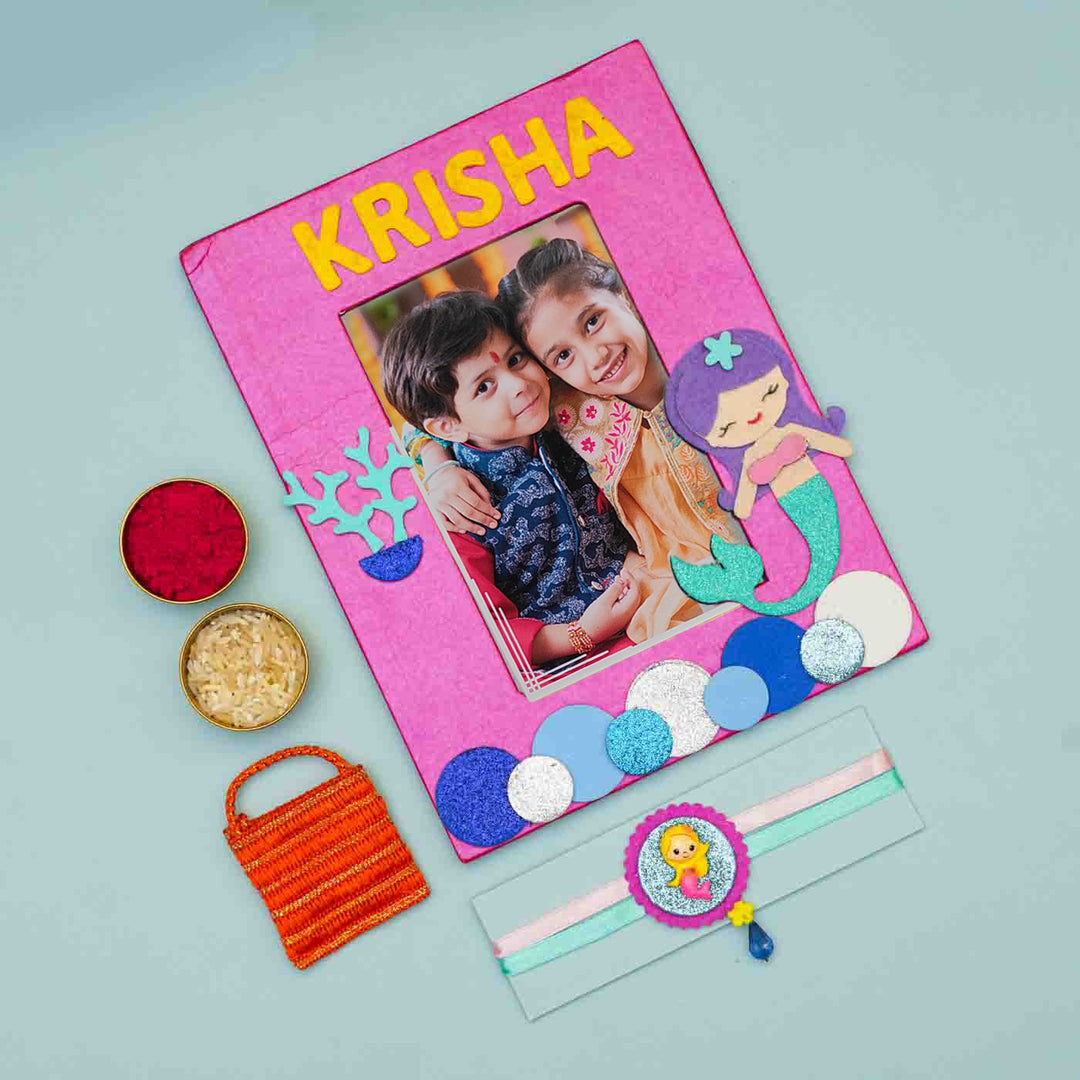 Personalized Handmade Mermaid Theme Felt Kids Rakhi & Photo Frame Combo For Sisters | Set of 2