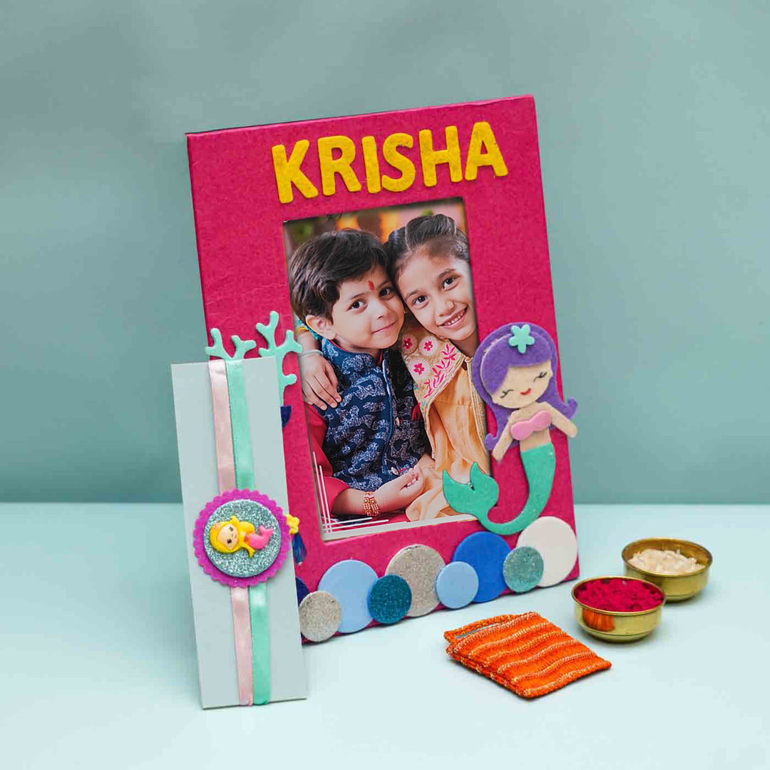 Personalized Handmade Mermaid Theme Felt Kids Rakhi & Photo Frame Combo For Sisters | Set of 2