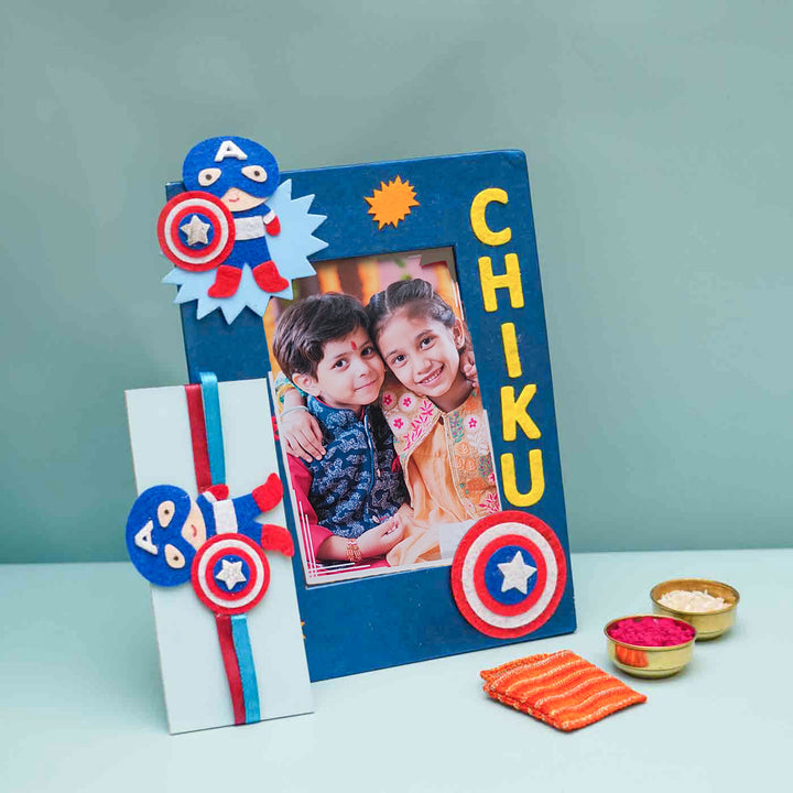 Personalized Handmade Captain America Theme Felt Kids Rakhi & Photo Frame Combo For Brother | Set of 2