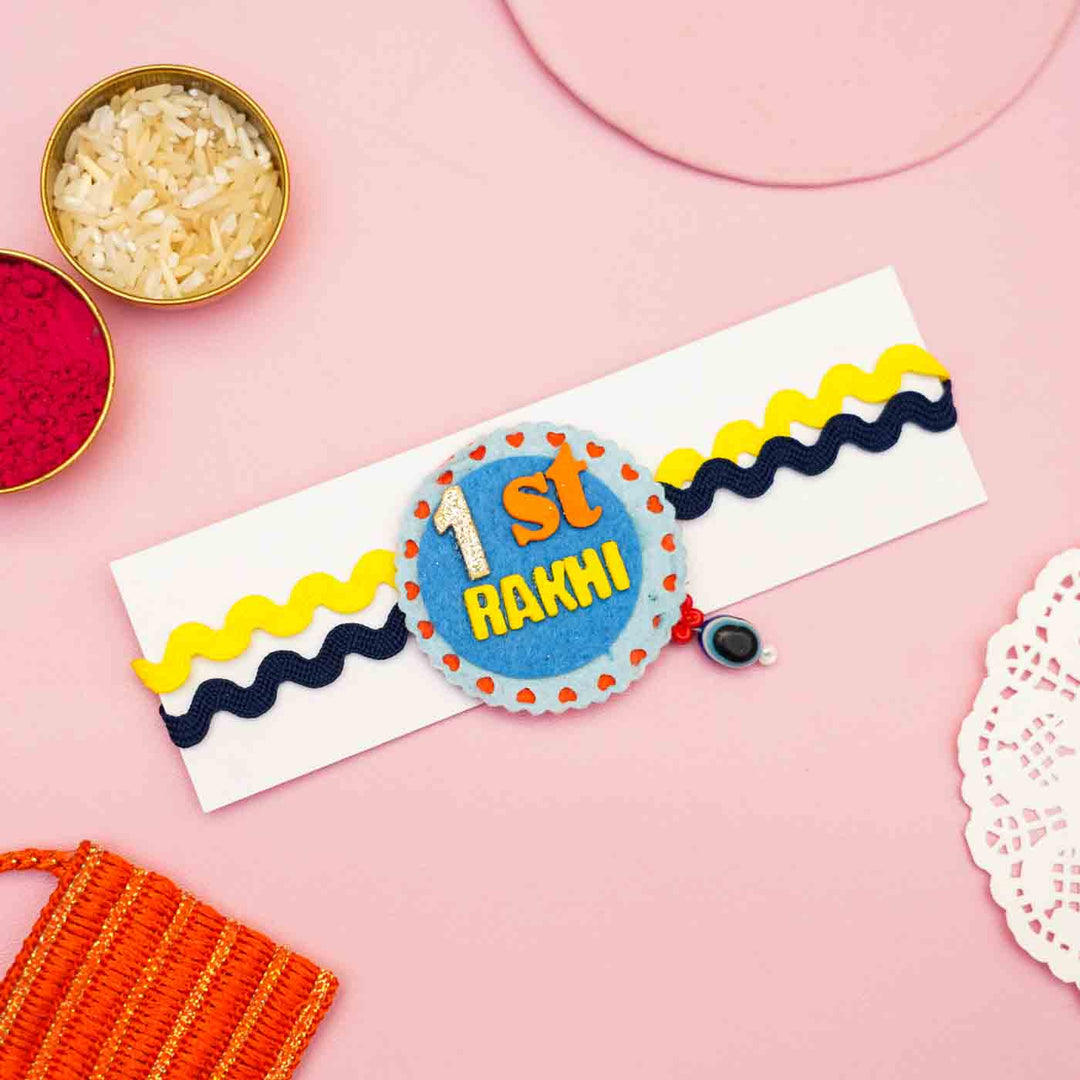 Handmade 1st Rakhi Felt Kids Blue Rakhi With Roli Chawal