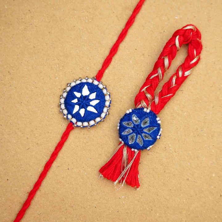 Handmade Mirror Work Kajal Blue-Red Bhaiya Bhabhi Rakhi With Roli Chawal | Set of 2