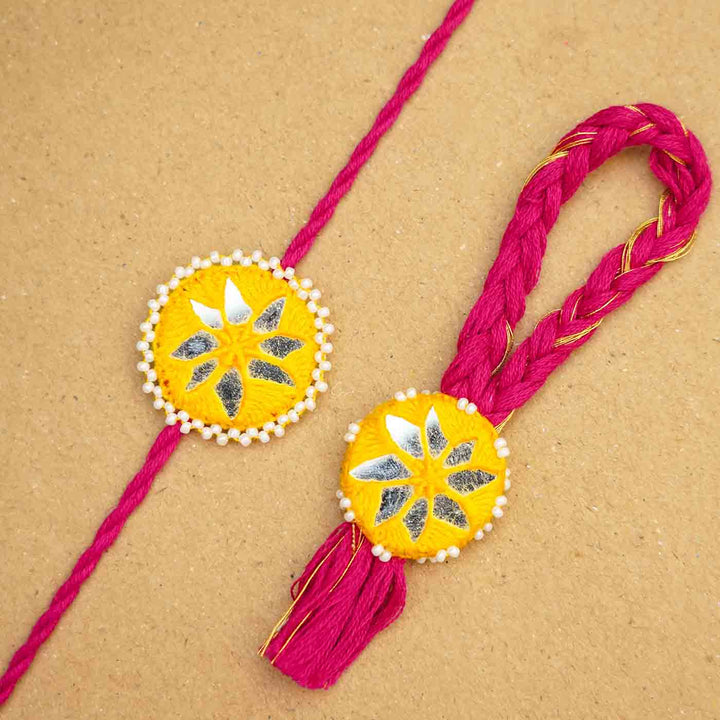 Handmade Mirror Work Kajal Yellow-Red Bhaiya Bhabhi Rakhi With Roli Chawal | Set of 2