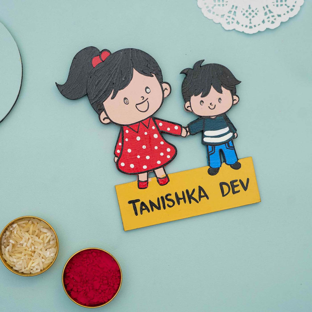 Personalized Hand-painted MDF Kiddo Siblings Magnets Rakhi Gift