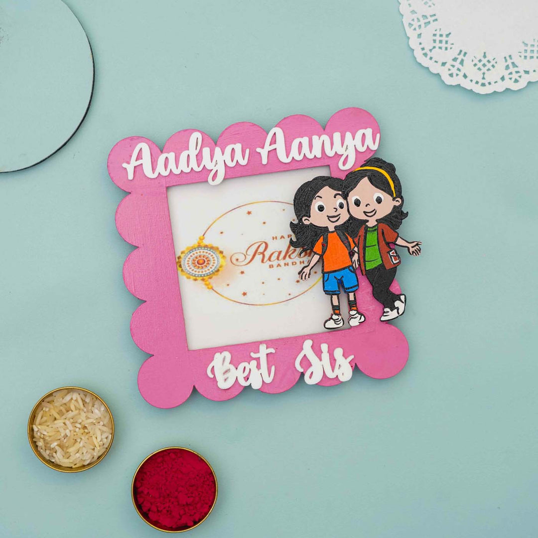 Personalized Hand-painted Pink MDF Polaroid Rectangle Fridge Magnet Rakhi Gift For Siblings