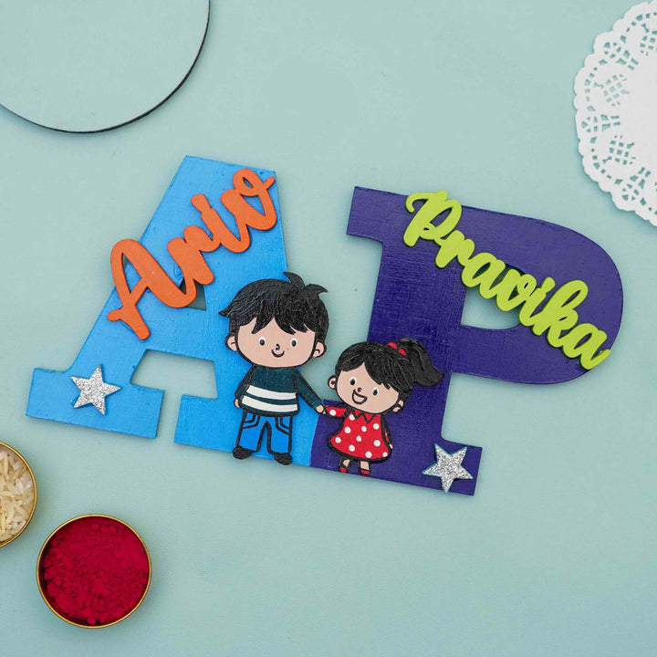 Personalized Hand-painted MDF Siblings Monogram Magnets Rakhi Gift