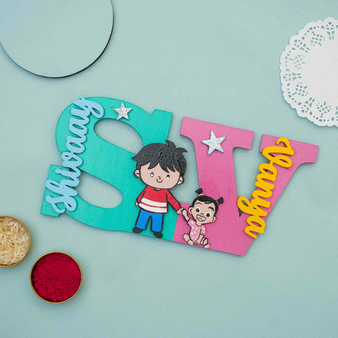 Personalized Hand-painted MDF Siblings Monogram Magnets Rakhi Gift