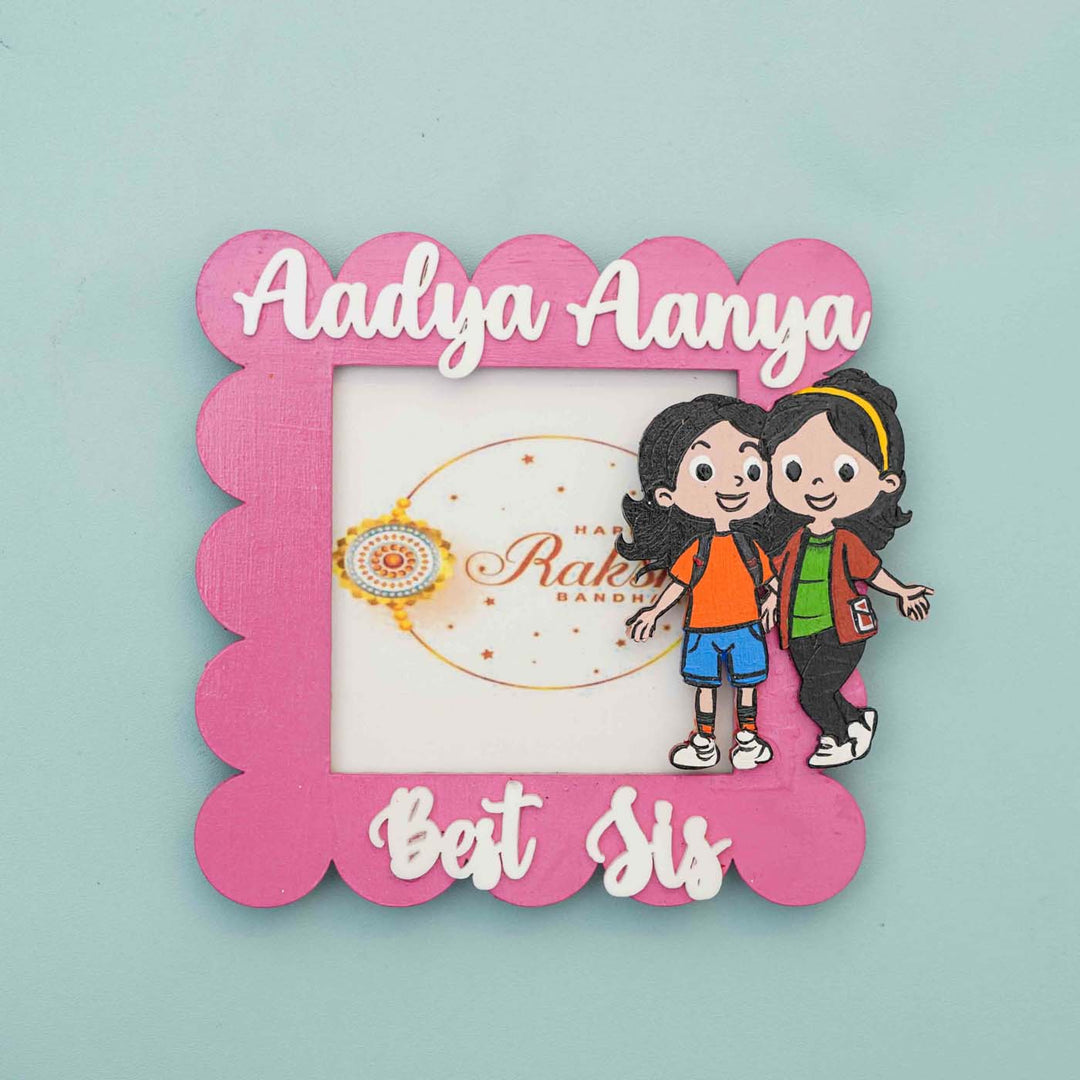 Personalized Hand-painted Pink MDF Polaroid Rectangle Fridge Magnet Rakhi Gift For Siblings