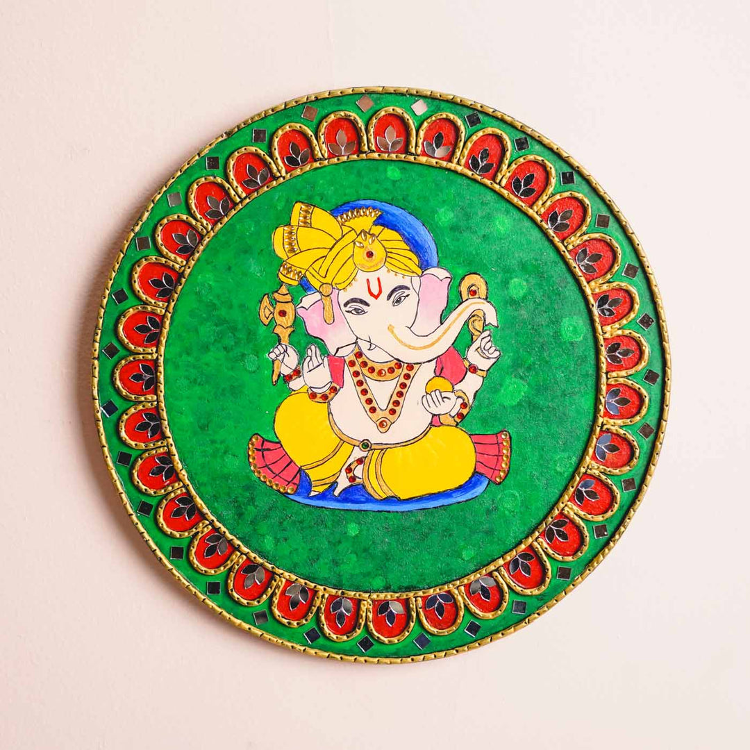 Hand-Painted Lippan Art Ganesha Mdf Wood Wall Plate